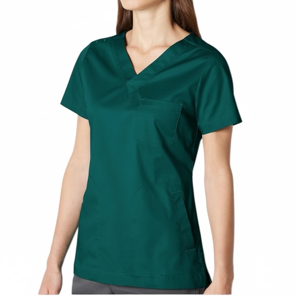 Women's Classic Fit V-Neck Stretch Scrub Top Hunter Green NWT Amazon Essentials - Picture 2 of 4